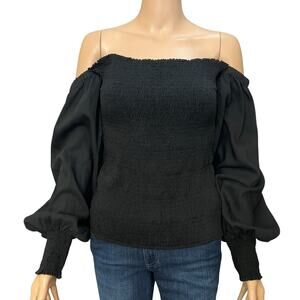 Akris Punto Off The Shoulder Smocked Blouse Size 10 Bishop Sleeve Black Classic